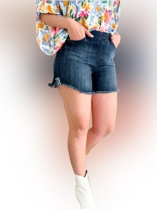 Judy Blue Pants - Judy Blue Dark Wash Blue Frayed Hem Pull On Mid To High Waist Denim Shorts XL